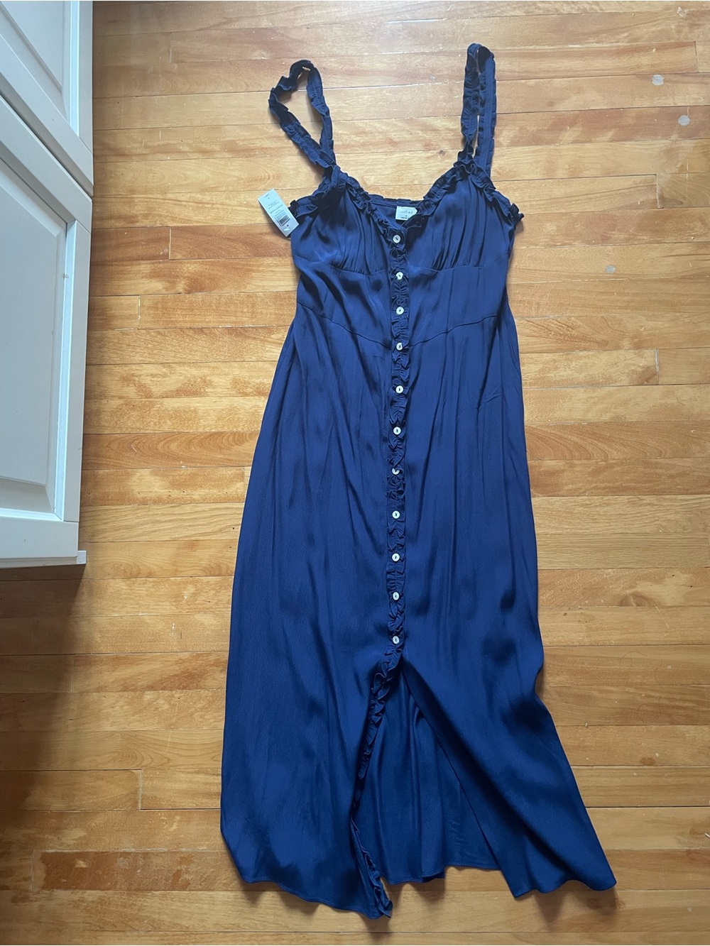 Aritzia Navy Button-Front Midi Dress with Ruffle Straps